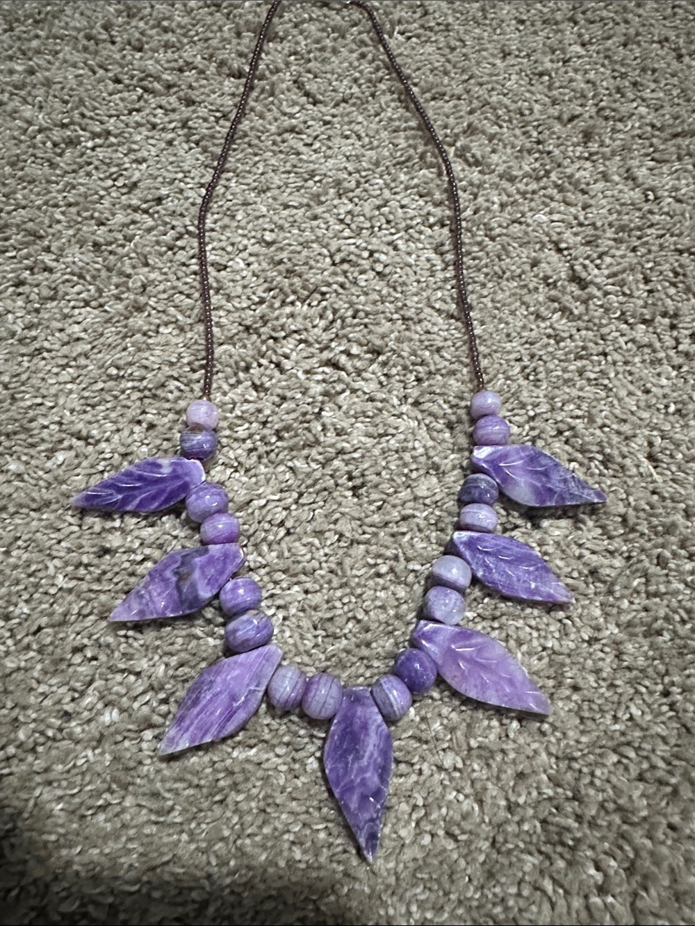 Genuine Lepidolite Stone Leaf Bead Statement Necklace